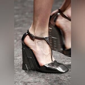 Prada Metallic Grey T Strap Metal Embossed Wedge Sandals Runway 2014 EU 37.5